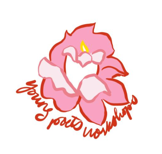 A pink flower over the words "Young Poets Workshops," which is red and written in cursive. Vector image drawn by Fiona Jin.